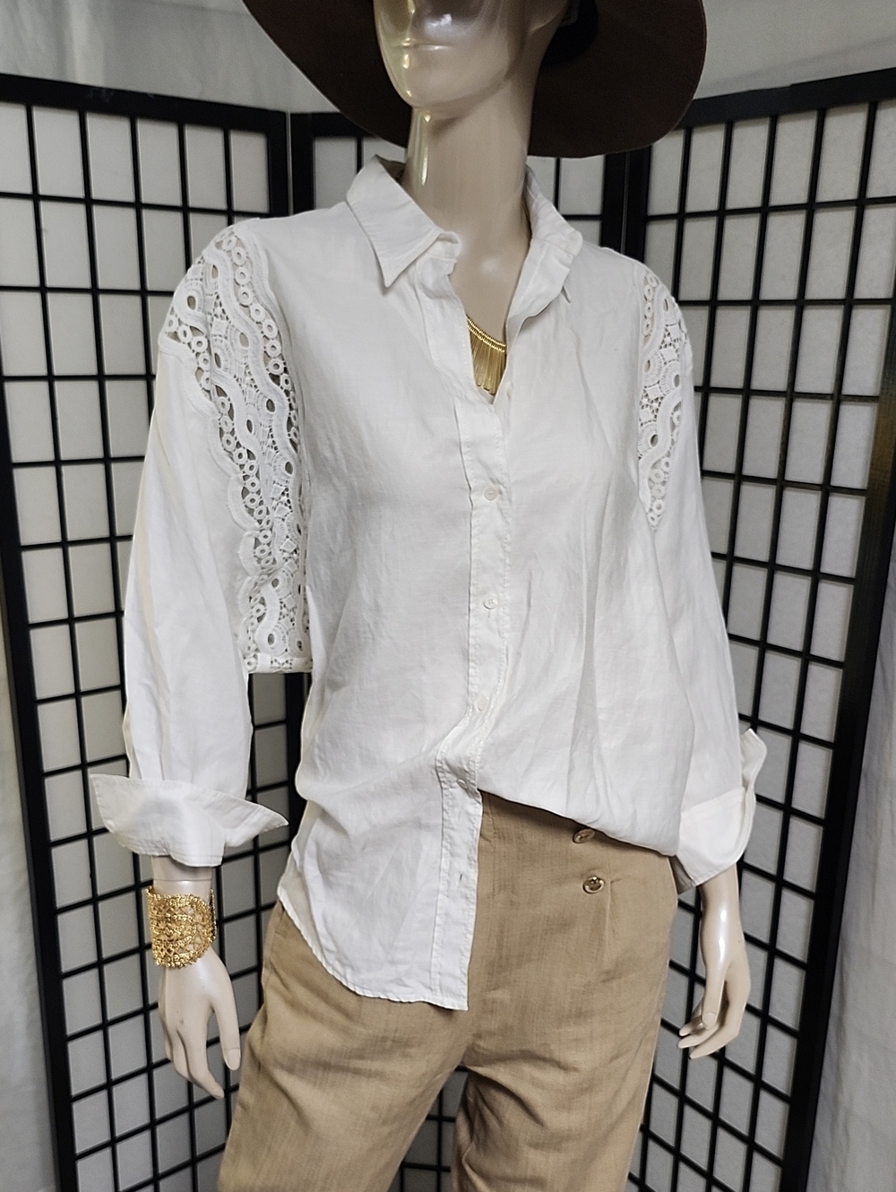 Sandro Paris White Lace-Panel Button Down Shirt